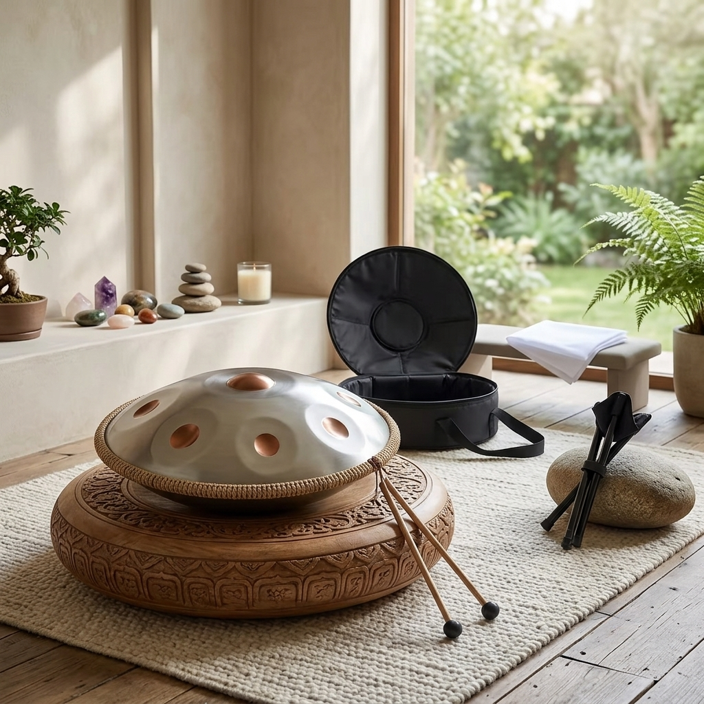 Handpan 9 Tons Sol Mineur 440Hz – Tambour en Acier Gris Notes Dorées, 18 pouces
