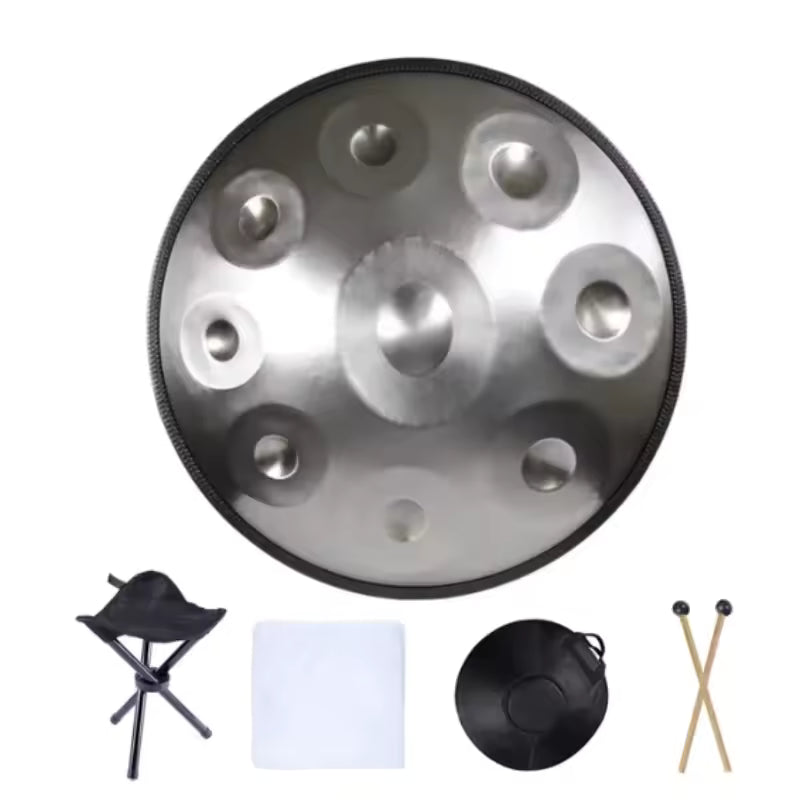 Handpan 9 Tons Sol Mineur 440Hz – Tambour en Acier Gris Clair, 18 pouces