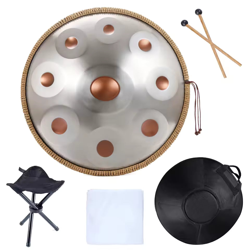 Handpan 9 Tons Sol Mineur 440Hz – Tambour en Acier Gris Notes Dorées, 18 pouces