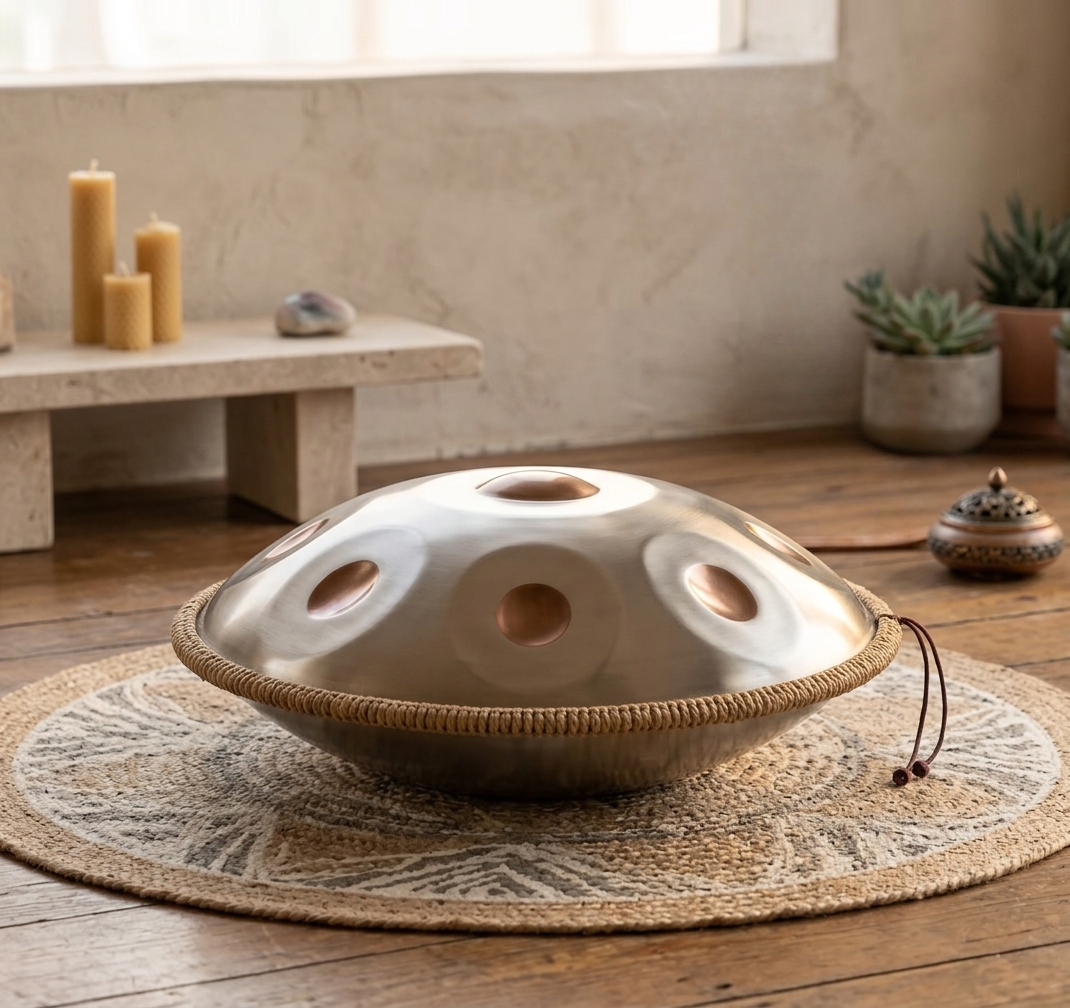 Handpan 9 Tons Sol Mineur 440Hz – Tambour en Acier Gris Notes Dorées, 18 pouces
